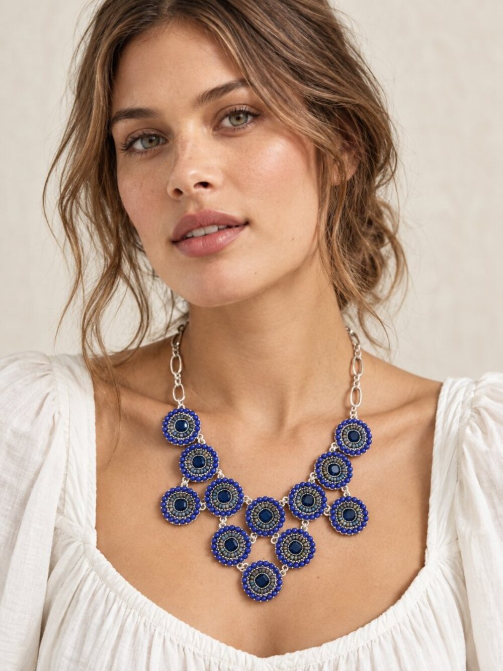 Vintage Deadstock Style & Co Blue Beaded Bib Statement Necklace Y2K Boho NEW NWT